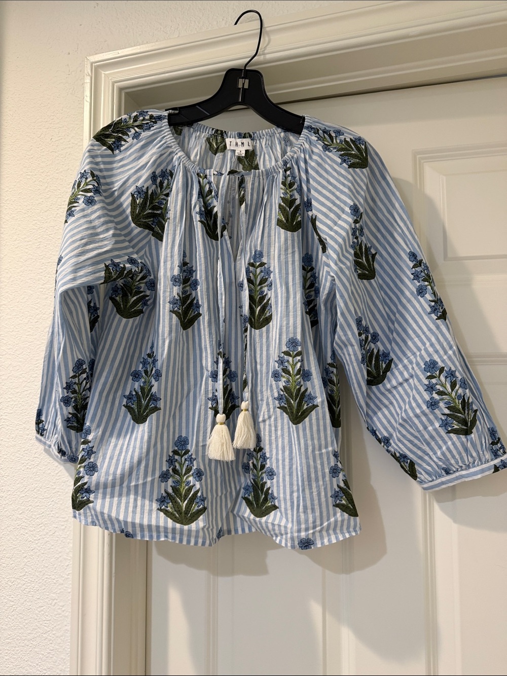 THML Blue & White Striped Floral Peasant Blouse with Tassels